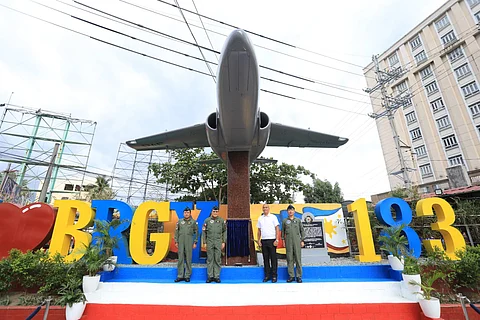Photo from left: MGen Pedregosa, LtGen Parreño, Hon. Alvin Zuñiga, and BGen Fontanilla pose for a photo during the Blessing and Formal Transfer Ceremony of the S-211 Marchetti Aircraft at Brgy. 183, Villamor, Pasay City.