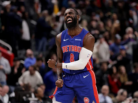 Detroit's Tim Hardaway Jr. celebrates an overtime three-pointer in the Pistons' narrow NBA victory over the Miami Heat