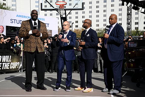 Shaquille O’Neal, Kenny Smith and Charles Barkley will play a key role in the formation of teams that will compete in the NBA All-Star Game. Also shown is their television co-host Ernie Johnson.