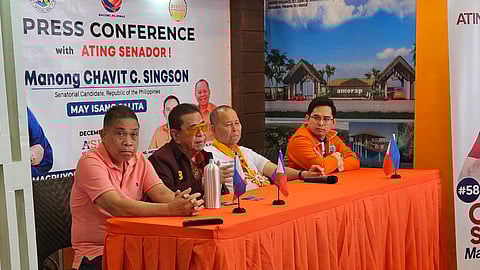 SENATORIAL candidate Luis 'Manong Chavit' Singson (second from left) addresses the concerns of transport cooperatives during a press conference on Wednesday at Asenso Global Garden in Tangub, Misamis Occidental. He is joined by (from left) Tangub City Mayor Sabiniano Canama, Misamis Occidental Gov. Henry Oaminal, and Ozamiz City Mayor Indy Oaminal.