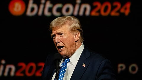 Donald Trump gives a keynote speech on the third day of the Bitcoin 2024 conference.