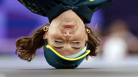 Australia's Rachael Gunn, known as Raygun competes in the Women's Breaking dance Round robin of the Paris 2024 Olympic Games at La Concorde in Paris, on 9 August 2024.