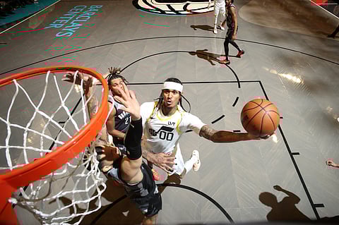Jordan Clarkson #00 of the Utah Jazz drives to the basket during the game against the Brooklyn Nets on December 21, 2024 at Barclays Center in Brooklyn, New York. NOTE TO USER: User expressly acknowledges and agrees that, by downloading and or using this Photograph, user is consenting to the terms and conditions of the Getty Images License Agreement. Mandatory Copyright Notice: Copyright 2024 NBAE Nathaniel S. Butler/NBAE via Getty Images/AFP
Nathaniel S. Butler / NBAE / Getty Images / Getty Images via AFP