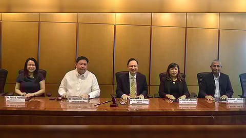 At the renewal of the partnership are (from left) Pinky S. Padronia, BAP senior associate director; Felipe Martin F. Timbol, BAP OMC TCP and treasury education subcommittee chairperson; Paul Raymond A. Favila, BAP open market committee chairperson; Marleth S. Calanog, Ateneo Center for continuing education executive director and Asterio L. Favis Jr., Ateneo-BAP Institute of Banking director.