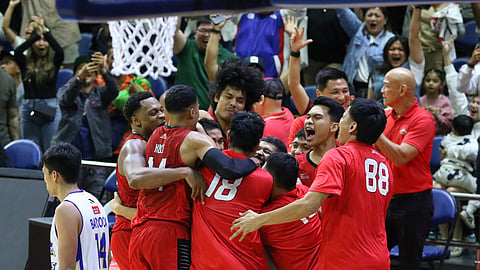 The Barangay Ginebra Kings celebrate after watching Scottie Thompson nail the game-winning jumper that gave them a 95-92 win over the Magnolia Hotshots in the PBA Commissioner’s Cup.