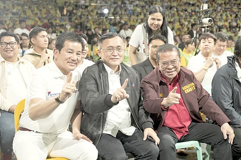 SENATOR Christopher 'Bong' Go and senatorial aspirant Luis 'Manong Chavit' Singson are shown during the KABAKA founding anniversary at the Ninoy Aquino Stadium on 10 December.