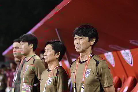 Thailand’s Japanese head coach Masatada Ishii (right) gets embarrassed by the Philippine national team Saturday in the ASEAN Mitsubishi Electric Cup.