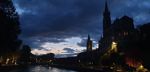 Dawn at the Sanctuary of Our Lady of Lourdes.