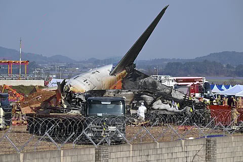 Gloomy end to year A Jeju Air 737-800 lies broken and consumed by fire at the Muan International Airport in South Korea on Sunday after a botched landing initially blamed on bird strikes. Of the 181 souls aboard, only two have emerged alive from the wreckage.