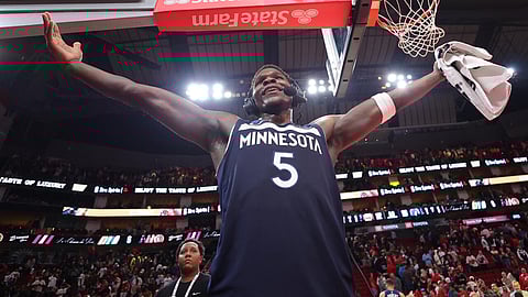 Minnesota Timberwolves star Anthony Edwards reacts after an NBA victory over the Houston Rockets