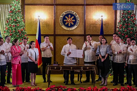 President Ferdinand "Bongbong" Marcos Jr. enacts the General Appropriations Act (GAA) for Fiscal Year 2025 at the Ceremonial Hall of Malacañan Palace on Monday, 30 December.
The GAA is also known as Republic Act No. 12116, containing P6.326 trillion.
Originally submitted as P6.352 trillion, Marcos directly vetoed line items in the budget “that are not consistent with the country’s development plan and responsive to the needs of the people.”