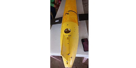 The yellow Chinese submarine drone is capable of transmitting and receiving data, voice messages, and navigation information.