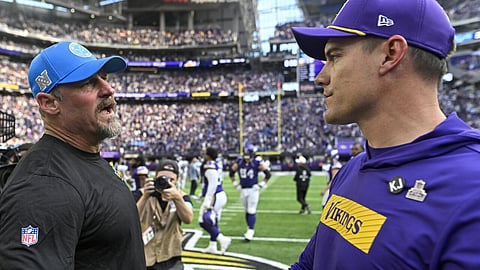 Minnesota Vikings coach Kevin O'Connell, right, and Detroit coach Dan Campbell will guide their clubs into a season-ending NFL showdown to decide a playoff top seed, first-round bye and post-season home-field edge