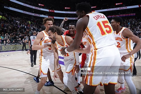 SALT LAKE CITY, UT - JANUARY 7: Trae Young #11 and teammates of the Atlanta Hawks celebrate game winning shot after the game against the Utah Jazz on January 7, 2025 at Delta Center in Salt Lake City, Utah.