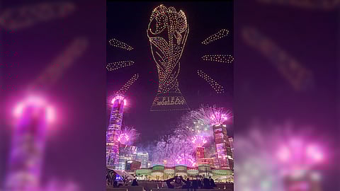 A drone-created light show glows in the Riyadh skyline after Saudi Arabia secured the hosting of the 2034 FIFA World Cup.