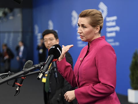 Denmark's Prime Minister Mette Frederiksen gives a statement as she arrives for the European Political Community Summit in Budapest, on 7 November 2024.