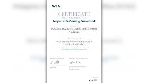 PCSO earns WLA Level 2 certification for Responsible Gaming