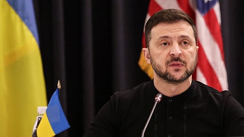 Ukraine's President Volodymyr Zelensky delivers a speech during a Ukraine Defense Contact Group meeting at Ramstein Air Base, Germany, on January 9, 2025.