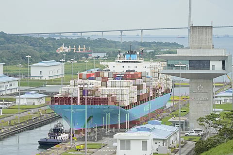 The Danish cargo ship Lars Maersk sails through the Agua Clara Locks of the Panama Canal in Colon City, Panama, on 28 December 2024. On 31 December 2024, Panama celebrated the 25th anniversary of sovereignty over the Canal.