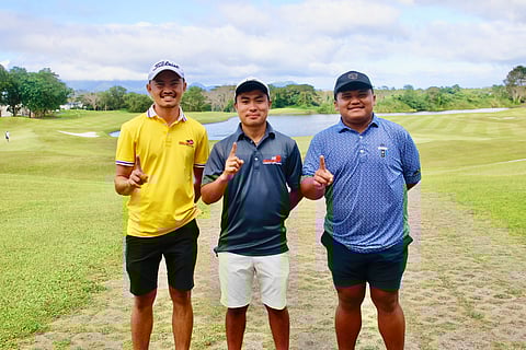 Jeffren Lumbo, Rolly Bregente and Edison Tabalin celebrate after helping Time Cargo pool a score of 90 to rule the 2nd Barako Golf Cup at the Summit Point Golf and Country Club in Lipa City.