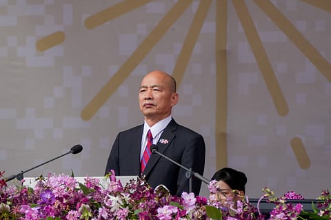 Taiwan Legislative Yuan president Han Kuo-yu gives his speech during Taiwan's National Day celebrations in front of the Presidential Office in Taipei on 10 October, 2024.