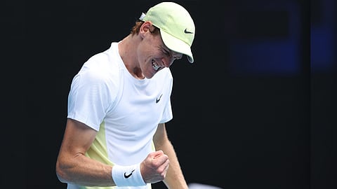JANNIK Sinner reacts after overcoming the energy-sapping heat and a long interruption caused by a broken net to book a 6-3, 3-6, 6-3, 6-2 over Holger Rune to advance to the quarterfinals of the Australian Open.