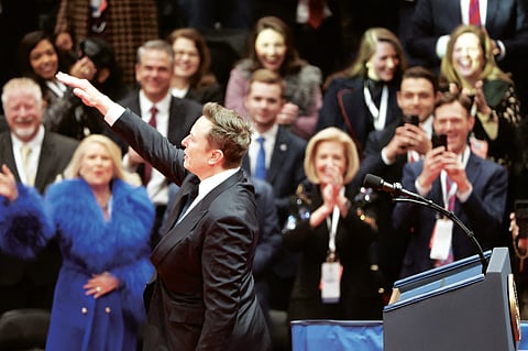 TESLA, SpaceX and X CEO Elon Musk gestures while speaking during Donald Trump’s inauguration event at Capital One Arena on 20 January 2025 in Washington, DC. takes office for his second term as the 47th president of the United States.
