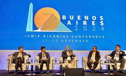 (L to R) Grupo Sancor Seguros CEO Alejandro Simon (Argentina), Zenkyoren (Japan) senior managing director Kazunari Takahashi, International Cooperative and Mutual Insurance Federation (ICMIF) chief executive Shaun Tarbuck, CARD MRI founder and chairman emeritus Dr. Aris Alip, Pioneer Inc. president and CEO Lorenzo Chan Jr.