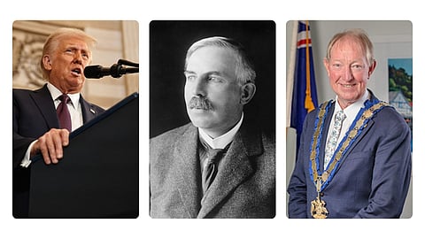 Photo 1 - US President Donald Trump delivers his inaugural address after being sworn in as the the 47th president of the United States in the Rotunda of the US Capitol on 20 January 2025 in Washington, DC. Trump takes office for his second non-consecutive term as the 47th president of the United States. Photo 2 - Sir Ernest Rutherford. Photo 3 - Nick Smith, Mayor of Nelson, New Zealand.