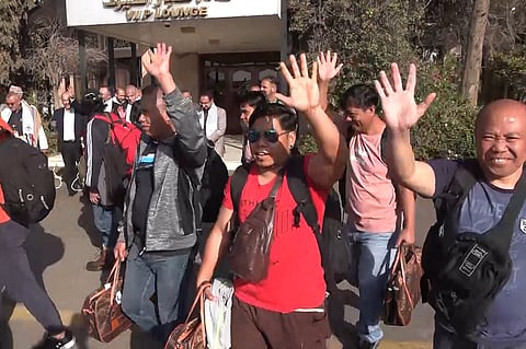 Free at last Over a year later, crew members of the merchant ship Galaxy Leader (left) stand in front of the VIP lounge at the airport in Sanaa as they prepare to leave the country, as shown in handout picture released by the Houthi-affiliated branch of the Yemeni News Agency SABA on 22 January. Yemen’s Houthi rebels freed the crew of the merchant ship, who were arrested on 19 November 2023 during the campaign in solidarity with Gaza, citing the ceasefire in Gaza between Israel and Hamas as motivation.