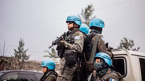 Guatemalan soldiers of the United Nations Organization Stabilization Mission in the Democratic Republic of the Congo (MONUSCO) secure the evacuation of their non essential civil personnel in Goma on January 25, 2025.