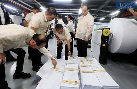 (January 27 2025) COMELEC Chairman George Erwin Garcia, National Printing Office (NPO) Directors Revsee Escobedo, and COMELEC Commissioners Ernesto Maceda Jr. and Rey Bulay inspect the printing machines and official ballots of MIRU Systems and NPO that will be used for the 2025 National and Local Elections during the resumption of ballot printings on Monday, January 27, 2025 at the National Printing Office in Quezon City. The printing of ballots for the 2025 NLE has been delayed due to last-minute adjustments and candidate withdrawals; COMELEC expects to finish printing ballots on April 14. Photo/Analy Labor