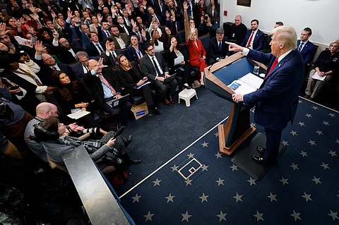 UNITED States President Donald Trump calls on reporters during a press conference about the collision of an American Airlines flight with a military helicopter near Ronald Reagan National Airport in the Brady Press Briefing Room at the White House on 30 January 2025 in Washington, DC.