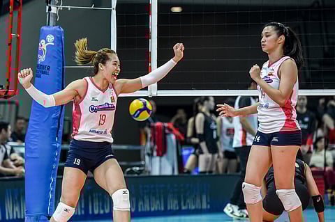 Bernadeth Pons (left) and Bea De Leon star in Creamline's five-set escape over Cignal to remain unbeaten in the 2024-2025 PVL All-Filipino Conference.