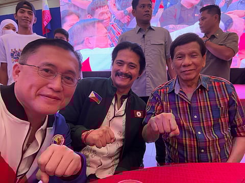 Senator Christopher "Bong" Go with Senator Robin Padilla and former president Rodrigo Roa Duterte during the PDP National Campaign Coordination Meeting in Davao City.