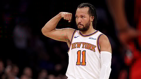 Jalen Brunson celebrates after dropping 42 points to power the New York Knicks to a 124-118 win over the Houston Rockets in the NBA regular season.