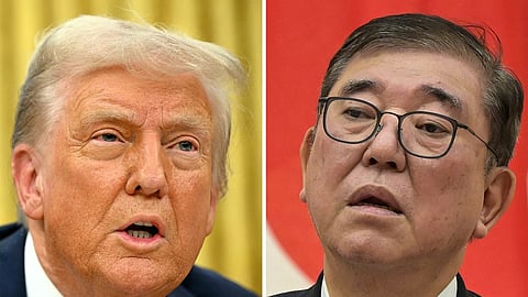 (COMBO) This combination image of two file photos created on 4 February 2025, shows US President Donald Trump (L) speaking to the press after signing an executive order in the Oval Office in Washington, DC on 31 January 2025; and Japan's Prime Minister Shigeru Ishiba (R) speaking during a press conference with Laos' prime minister at his office in central Tokyo on 21 January 2025. Japan's Prime Minister Shigeru Ishiba will meet President Donald Trump on a visit to the United States this week, Japan's top government spokesman said on 4 February 2025.