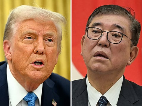 (COMBO) This combination image of two file photos created on 4 February 2025, shows US President Donald Trump (L) speaking to the press after signing an executive order in the Oval Office in Washington, DC on 31 January 2025; and Japan's Prime Minister Shigeru Ishiba (R) speaking during a press conference with Laos' prime minister at his office in central Tokyo on 21 January 2025. Japan's Prime Minister Shigeru Ishiba will meet President Donald Trump on a visit to the United States this week, Japan's top government spokesman said on 4 February 2025.