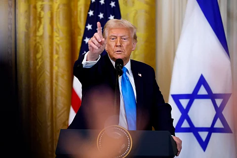 United States President Donald Trump calls on reporters during a joint news conference with Israeli Prime Minister Benjamin Netanyahu in the East Room of the White House on 4 February 2025 in Washington,