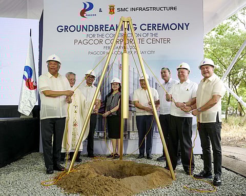 PAGCOR Chairman and CEO Alejandro Tengco (extreme left) and SMC chairman Ramon Ang (2nd from right) lead the ceremonial laying of the time capsule during the groundbreaking for the PAGCOR Corporate Center which will be built by SMC. With them are the members of the PAGCOR Board, SMC officials, and Fr. Tito Caluag, who blessed the site.