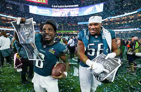C.J. Gardner-Johnson #8 and Jalyx Hunt #58 of the Philadelphia Eagles celebrate after beating the Kansas City Chiefs 40-22 to win Super Bowl LIX at Caesars Superdome on 9 February 2025 in New Orleans, Louisiana.