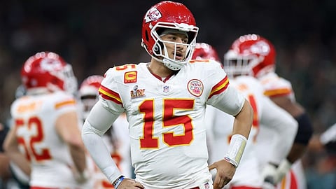 Patrick Mahomes #15 of the Kansas City Chiefs reacts in the third quarter against the Philadelphia Eagles during Super Bowl LIX at Caesars Superdome on 9 February 2025 in New Orleans, Louisiana.