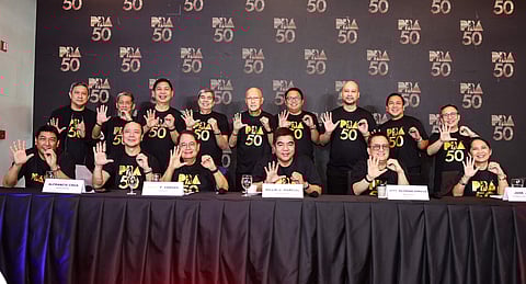 PBA commissioner Willie Marcial and PBA chairman Ricky Vargas lead the PBA board of governors and Media Quest executives in unveiling the league’s new logo for its 50th season next year.