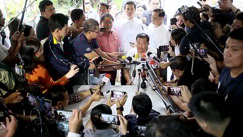 High-stakes allegations A coalition led by Rep. Pantaleon Alvarez (center, seated), Atty. Ferdie Topacio and senatorial aspirant Jimmy Bondoc files criminal and graft complaints against key House leaders over alleged P241 billion in post-bicam budget insertions.