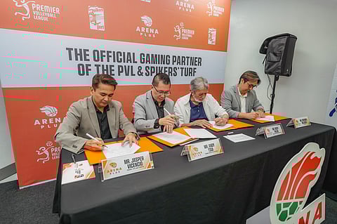 (L-R) DigiPlus Interactive Corp. President Andy Tsui, TGXI President Rafael Jasper Vicencio, Sports Vision Management Group, Inc. President Ricky Palou, and PVL Commissioner Sherwin Malonzo signed the partnership renewal for ArenaPlus, PVL, and Spikers Turf.