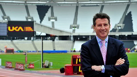 London Organizing Committee of the Olympic and Paralympic Games (LOCOG) Chairman Sebastien Coe poses on the track ahead of the BUCS Outdoor Athletics Championships.