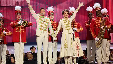 NEW YORK, NEW YORK - Hugh Jackman and Sutton Foster perform a number from "The Music Man" onstage at the 75th Annual Tony Awards at Radio City Music Hall on 12 June 2022 in New York City.