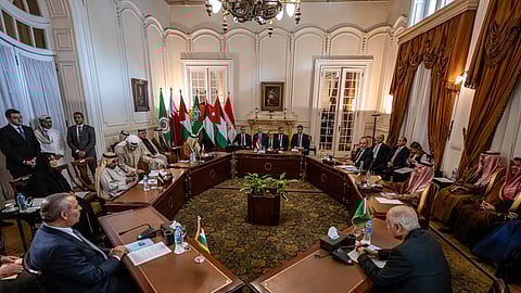 Egypt’s Foreign Minister Badr Abdelatty (C) heads a meeting with ministers from Jordan, Saudi Arabia, Qatar and the UAE, to discuss US President Donald Trump's proposal for Egypt and Jordan to host Palestinians displaced from the Gaza Strip, in Cairo on 1 February 2025. Trump insisted on 28 January that Egypt and Jordan would take in displaced Gazans, despite the two Arab nations dismissing his plan to move Palestinians from the territory, a day after Egyptian President Abdel Fattah al-Sisi and Jordan's King Abdullah II rejected any forced displacement of Gazans following the war between Hamas and Israel.