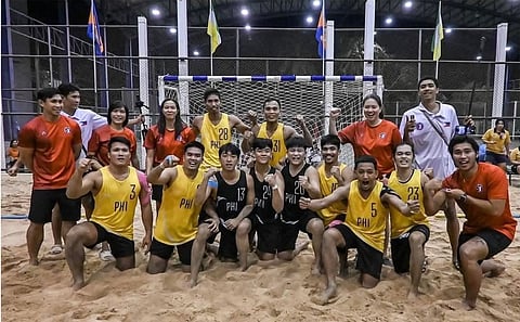 JANA Franquelli (back, second from right) and the national squad celebrate after winning the Southeast Asian Beach Handball Championships last week in Thailand.