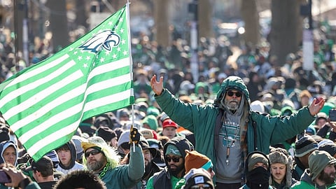 Fans celebrate during the Philadelphia Eagles Super Bowl Championship Parade on 14 February 2025 in Philadelphia, Pennsylvania.